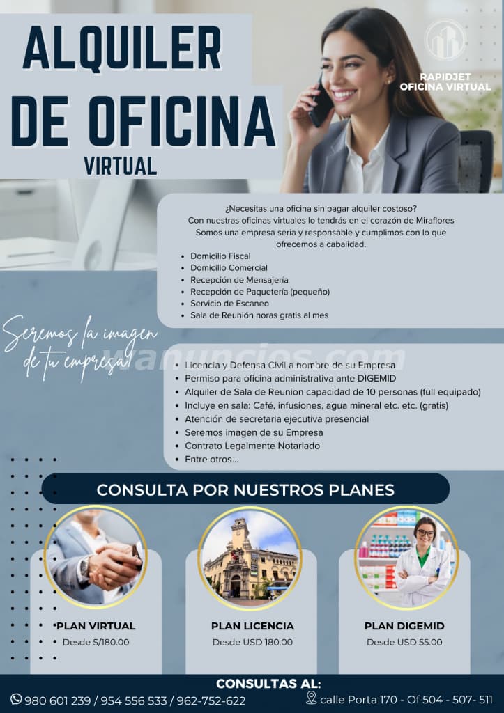180 Soles - ALQUILER DE OFICINA VIRTUAL - PLAN BASICO - MIRAFLORES (MIRAFLORES)