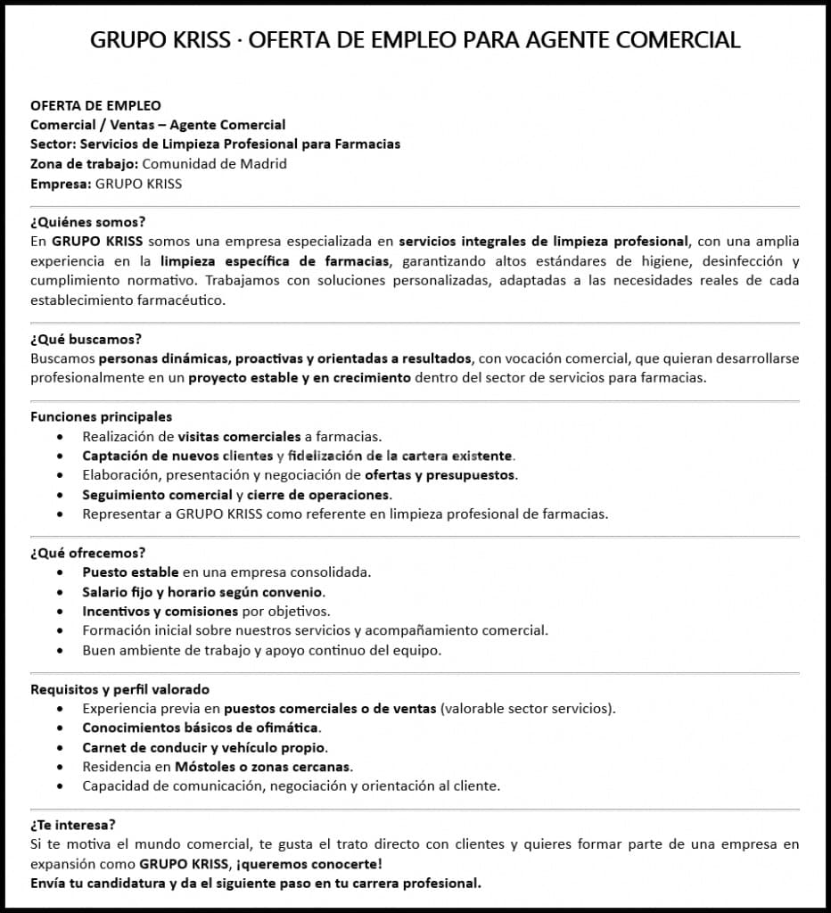 Agente Comercial. Sector: Servicios de Limpieza Profesional para Farmacias (Comunidad de Madrid)
