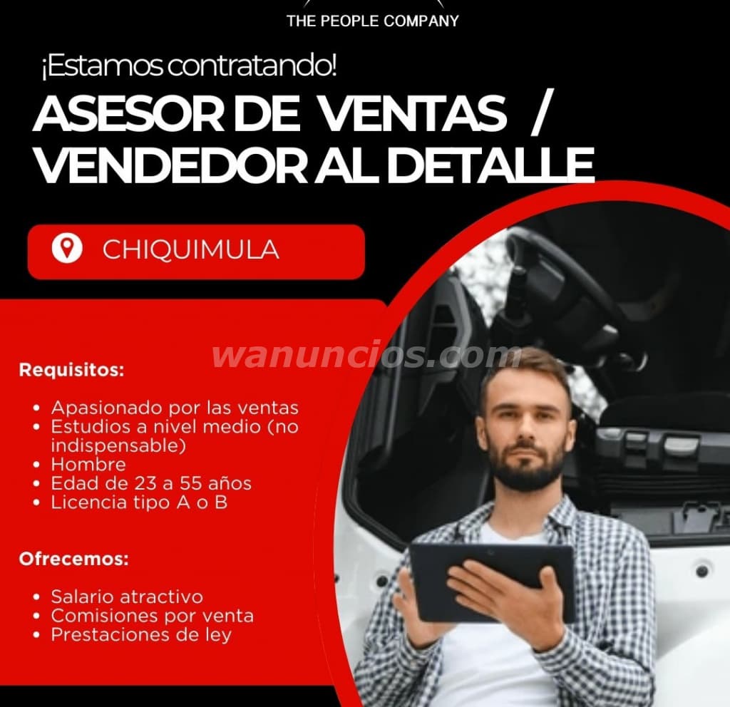 ASESOR DE VENTAS AL DETALLE RUTERO PARA EL AREA DE CHIQUIMULA (CHIQUIMULA)