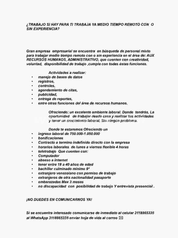 Trabajo si hay para ti trabaja ya medio tiempo remoto como sin experiencia (Bogotá) 2