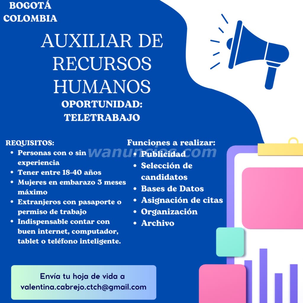 Auxiliar Recursos Humanos - Trabajo Remoto, medio tiempo (Bogotá)