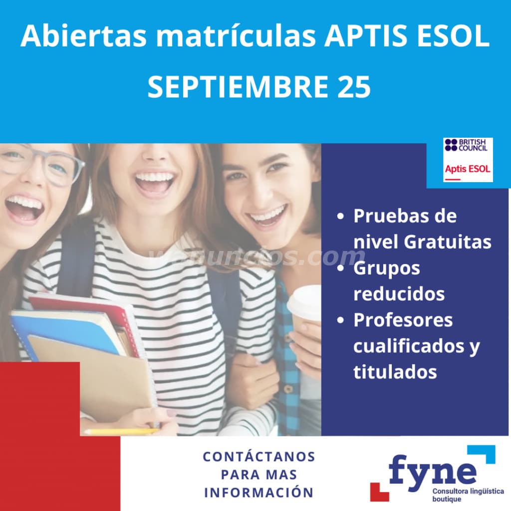 ABIERTAS MATRÍCULAS CURSOS APTIS ESOL SEPTIEMBRE 2025 (CONDE DE PEÑALVER)