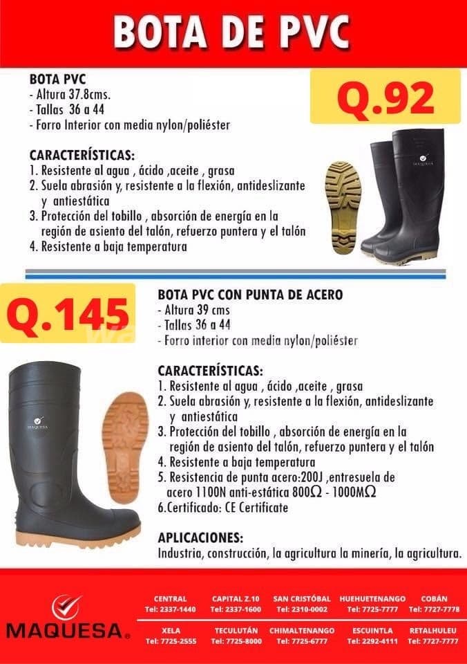 145 Quetzales - BOTAS DE HULE O PVC CON Y SIN PUNTA DE ACERO EN MAQUESA (HUEHUE)