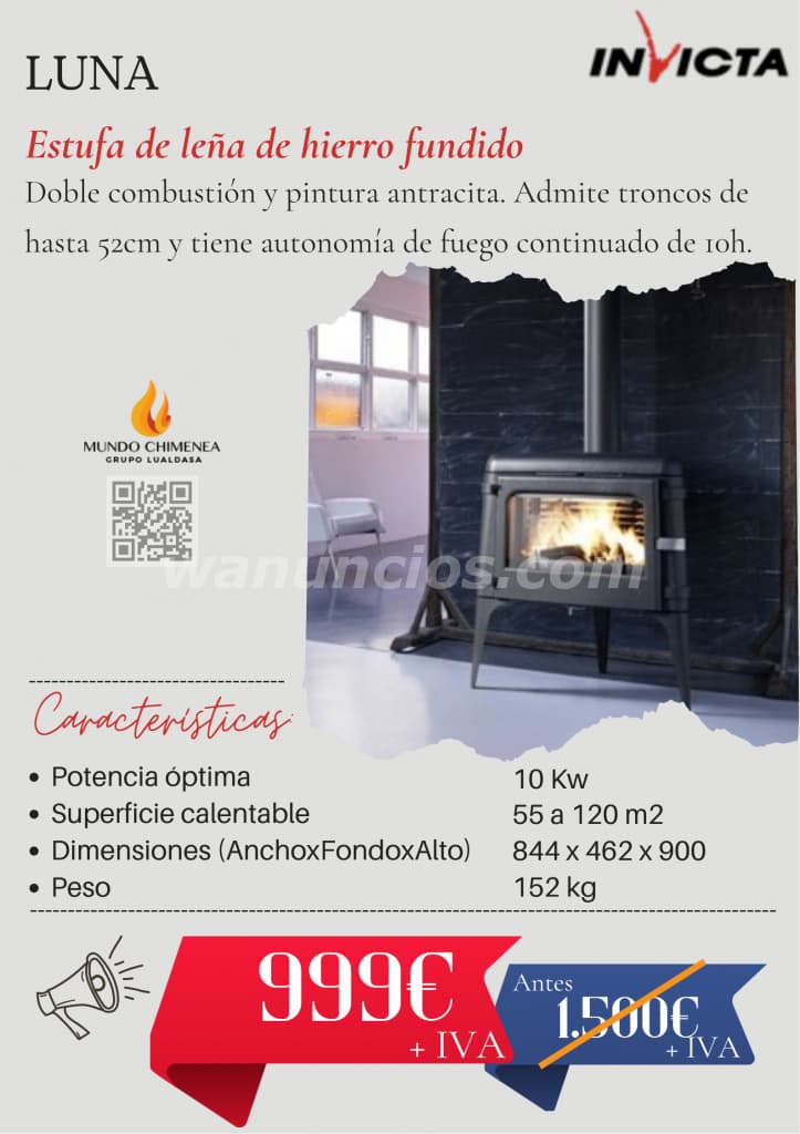 999 € - Venta de Estufa de Leña Marca INVICTA Modelo LUNA (ÚLTIMA UNIDAD) - LIQUIDACIÓN (Parla)