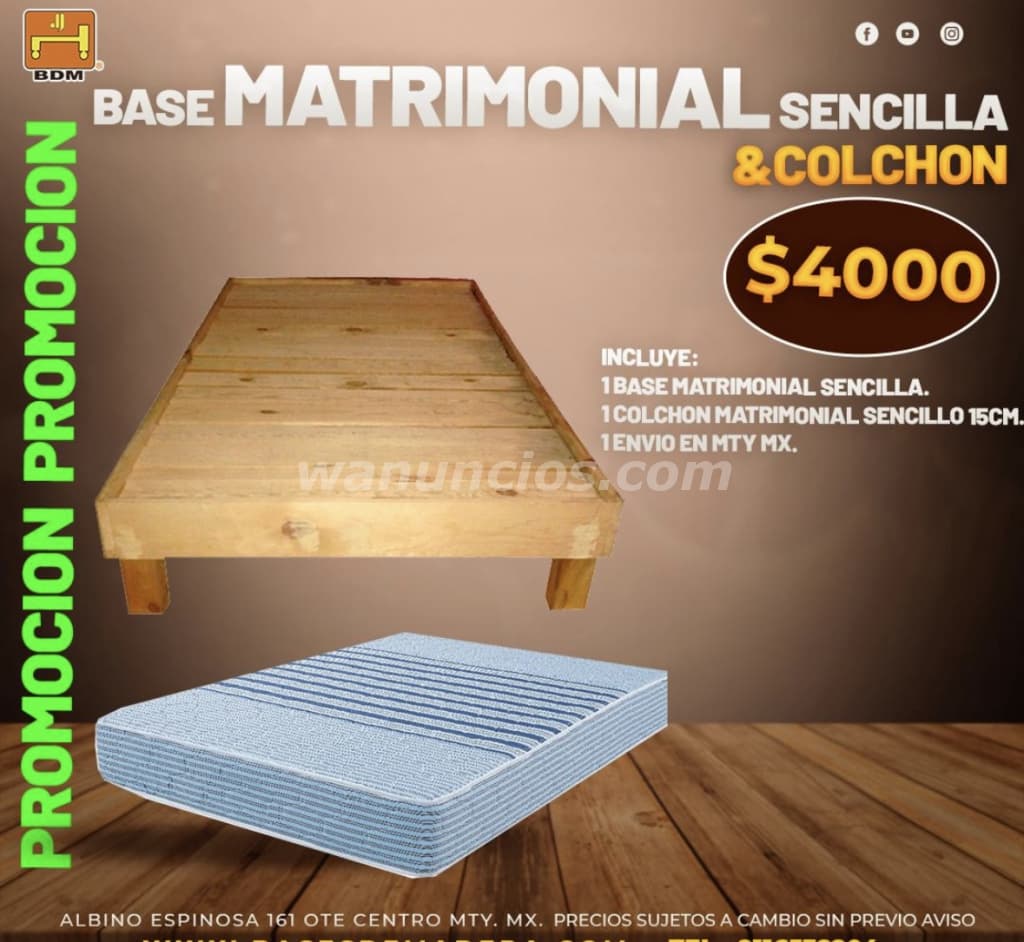 4.000 Pesos - Promoción de base matrimonial sencilla y colchón en Monterrey (Centro de Monterrey)