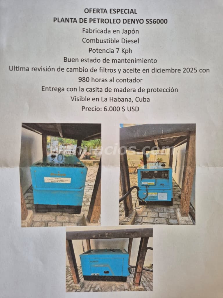 6.000 US$ - Planta de petróleo Denyo SS6000 fabricada en Japón (La Habana, Juan Delgado)