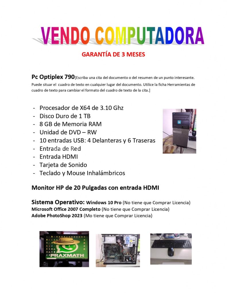 175 € - Vendo Computadora Optiplex de 1TB de Disco Duro (Villa de Don Bosco)