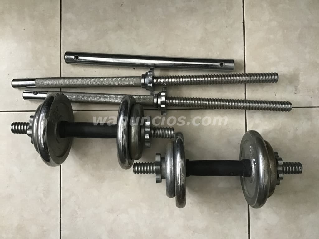 40 US$ - SET DE MANCUERNAS CROMADAS 15 LBS. C/U MÁS BARRA (San Francisco)