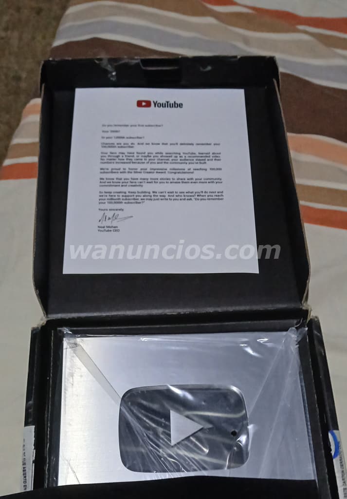 150 US$ - Vendo placa de youtube de 100 mil suscriptores (Carazo)