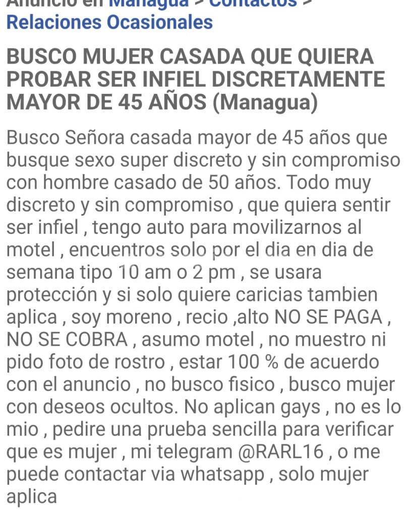 Busco mujer de 45 a 60 años para sexo discreto. (Managua)