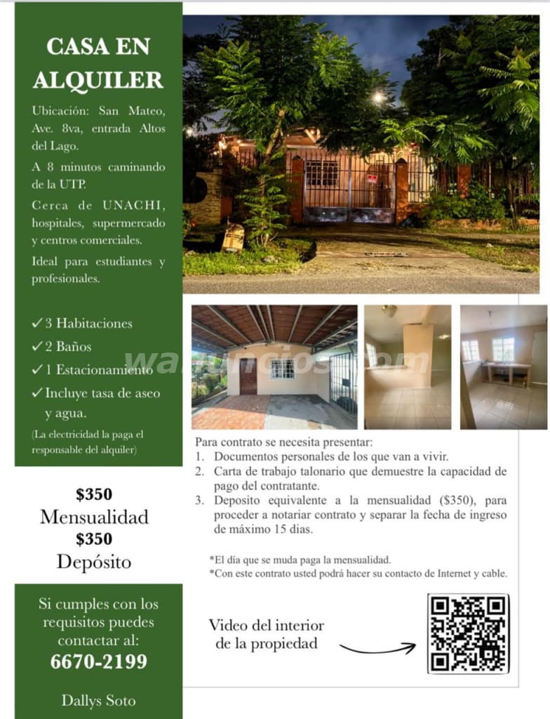 300 US$ - Duplex de 3 recamaras y 2 baños en alquiler. (san Mateo, David)