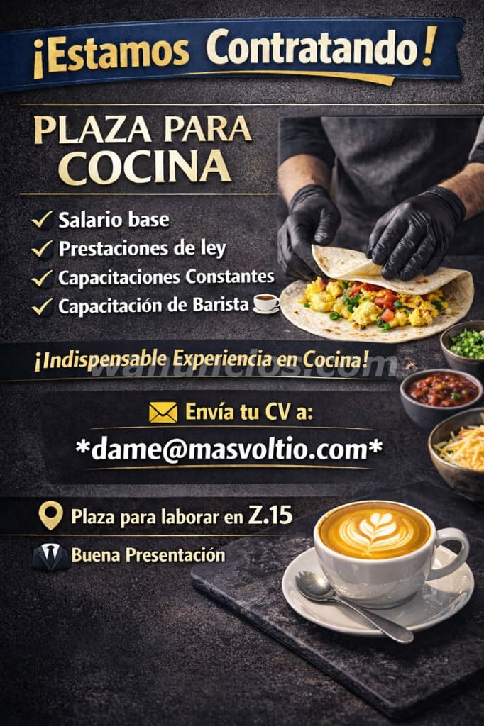 Plaza para trabajar en cocina de cafeteria zona 15. (Quince)
