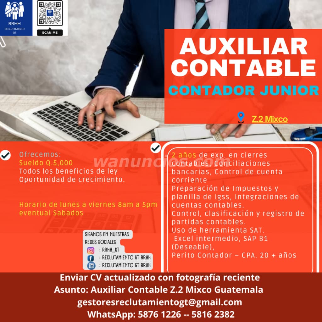 Auxiliar contable contador Junior Asistente de Contabilidad Mixco Z.2 (Mixco Guatemala)
