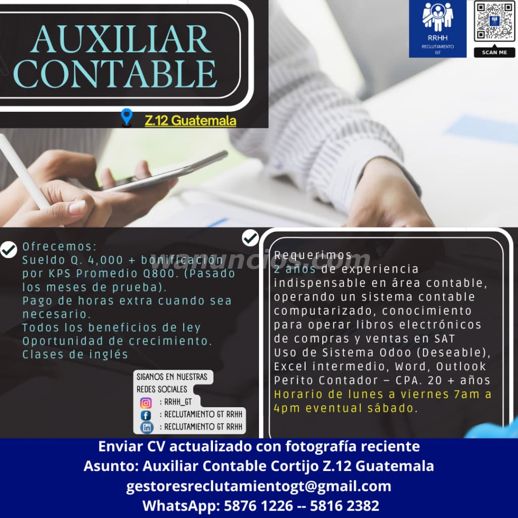 Auxiliar contable Zona 12 Ciudad de Guatemala (Ciudad de Guatemala)