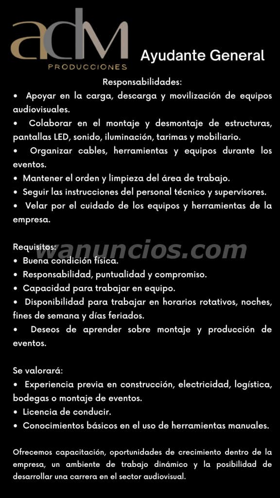 AYUDANTE GENERAL DE MONTAJE EVENTOS AUDIOVISUALES (panama)