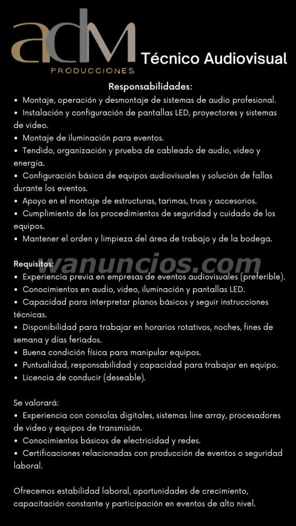 Técnico Audiovisual responsable, proactivo y con experiencia (Panama)