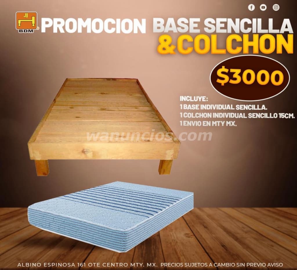 3.000 Pesos - Promoción Base sencilla con colchón en Monterrey (Centro de Monterrey)